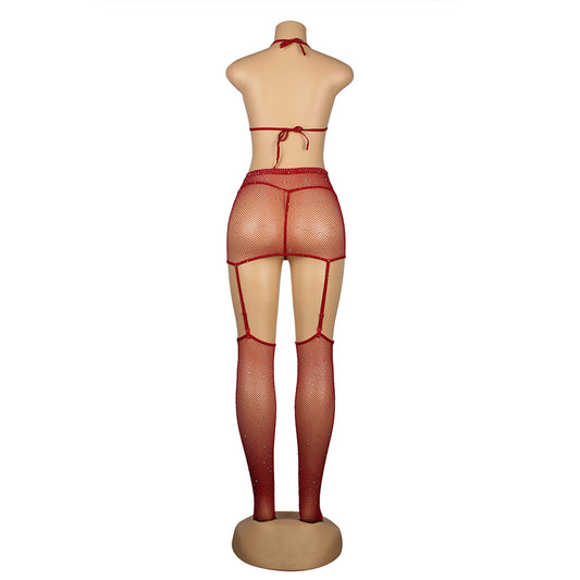 Diamond Fishnet Bodystocking with Gloves - Red