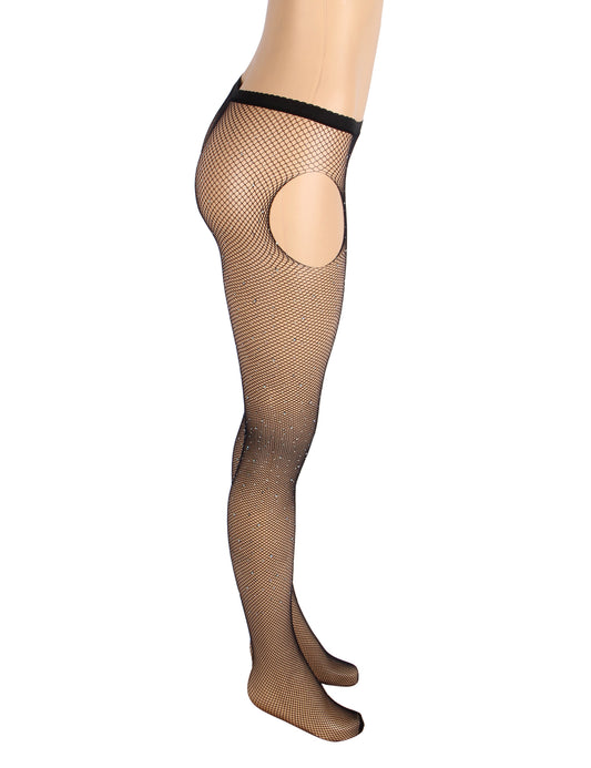 Black Rhinestone Crotchless Fishnet Stockings