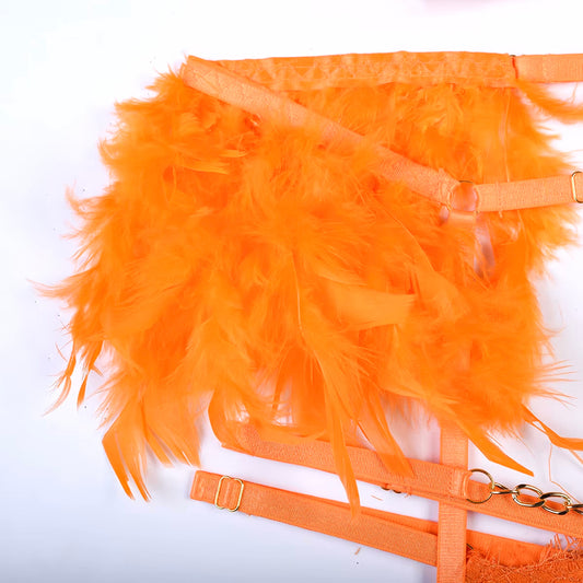 Feel My Needs Feather Lingerie Set - Orange