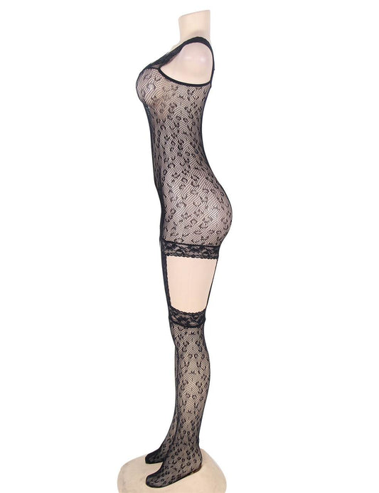 Plus size leopard patterned bodystocking with built-in garter, featuring a bold animal print design on soft, stretchy fabric. Designed to flatter curves and provide a comfortable, secure fit
