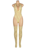 Lace Halter Bodysuit & Stocking Set - Yellow