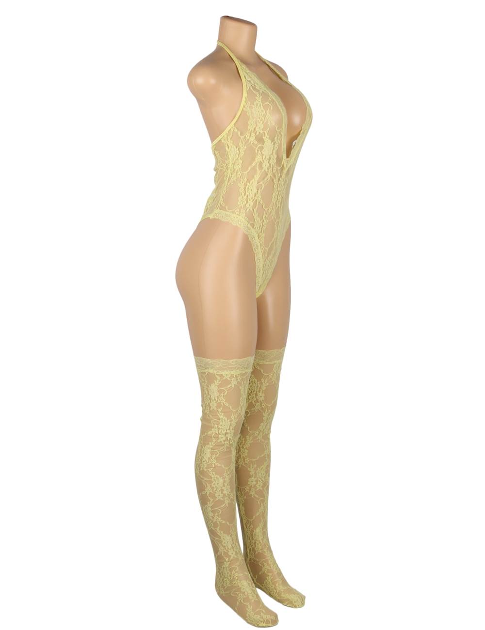 Lace Halter Bodysuit & Stocking Set - Yellow