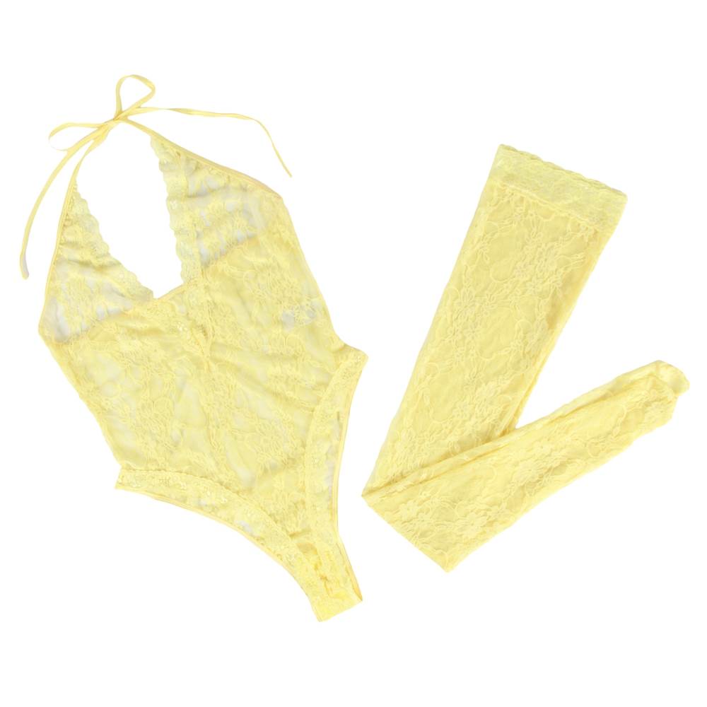Lace Halter Bodysuit & Stocking Set - Yellow
