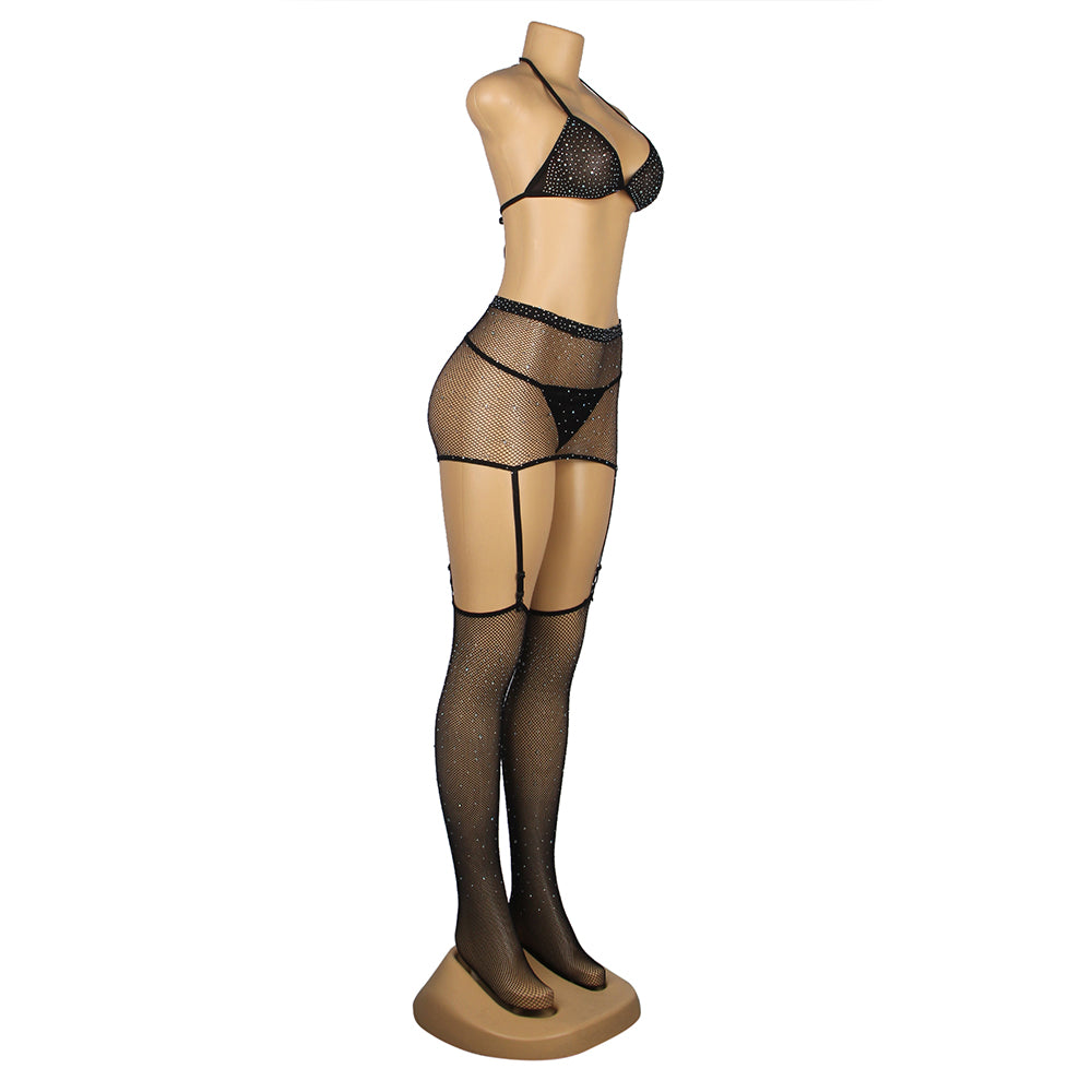 Diamond Fishnet Bodystocking with Gloves - Black