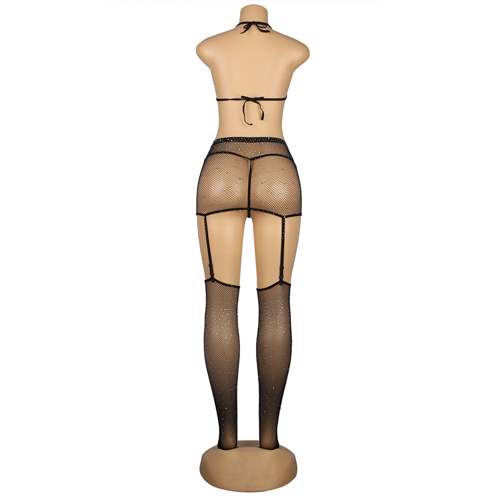 Diamond Fishnet Bodystocking with Gloves - Black