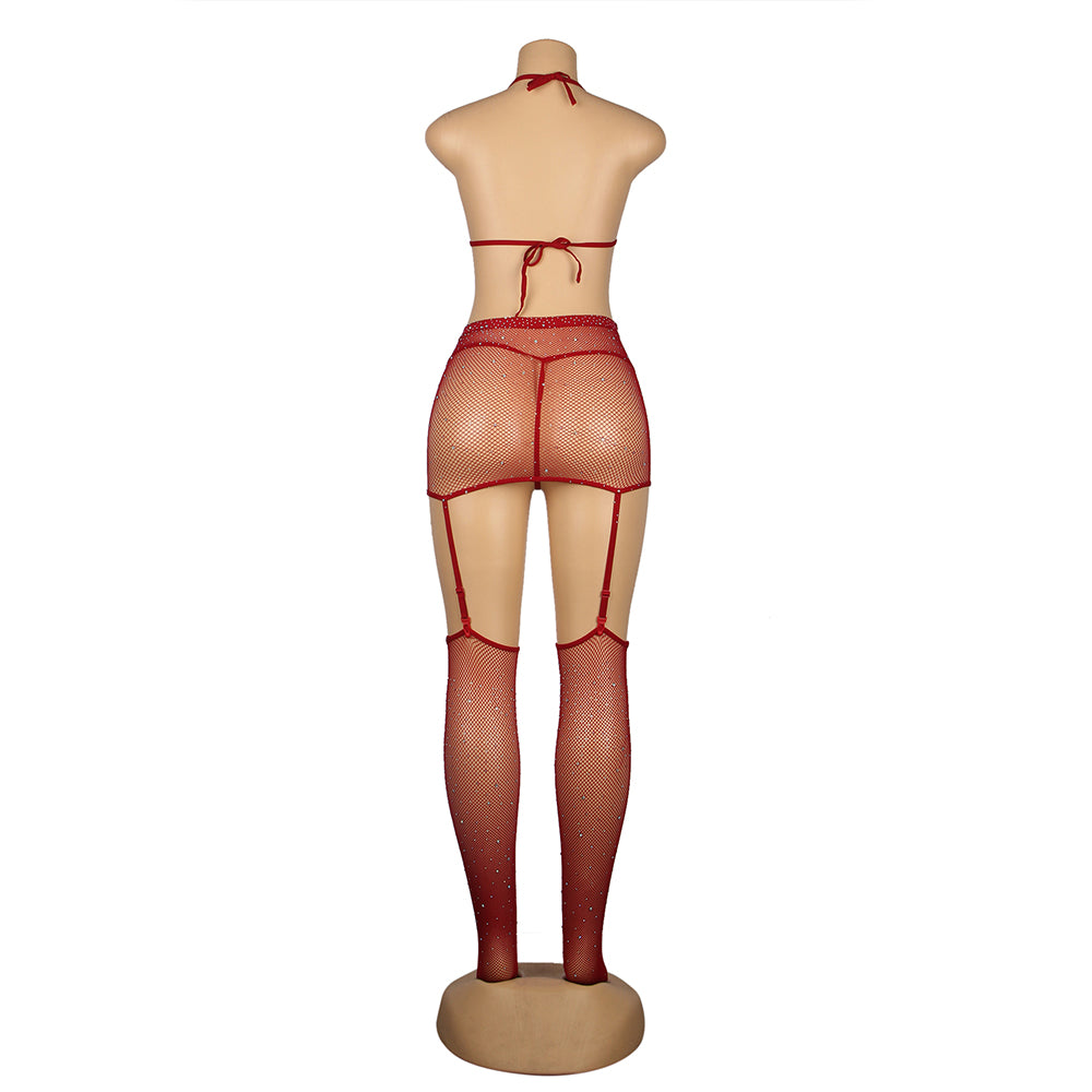 Diamond Fishnet Bodystocking with Gloves - Red