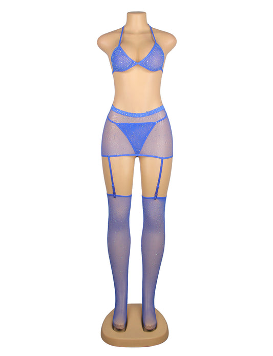 Diamond Fishnet Bodystocking with Gloves - Blue