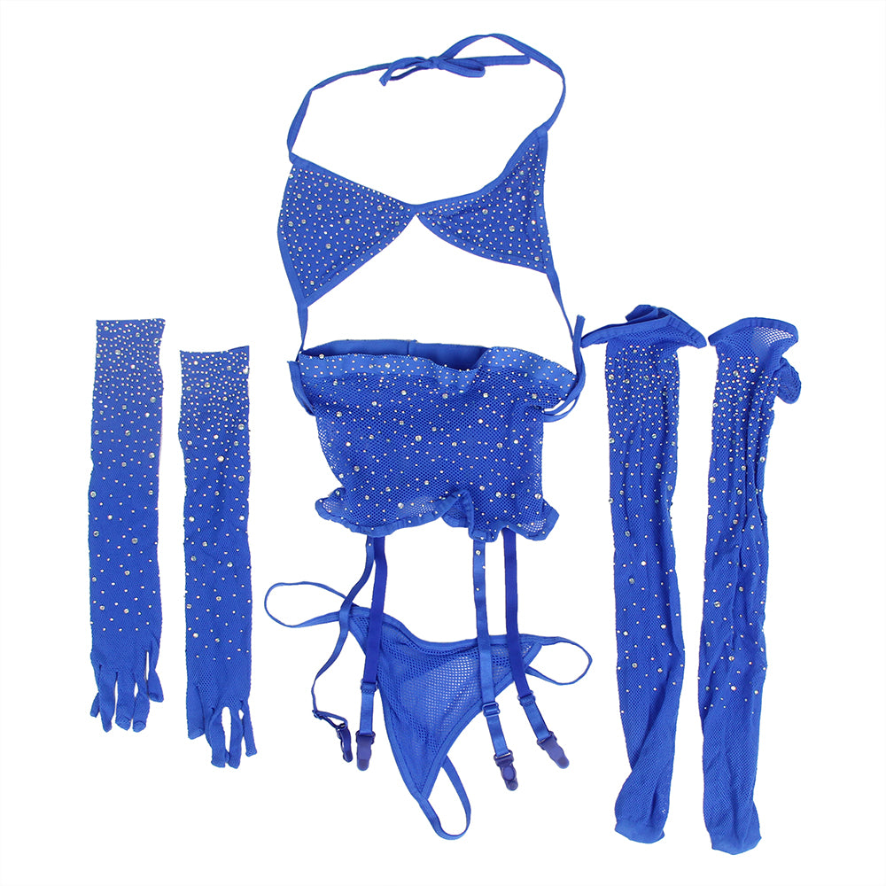 Diamond Fishnet Bodystocking with Gloves - Blue