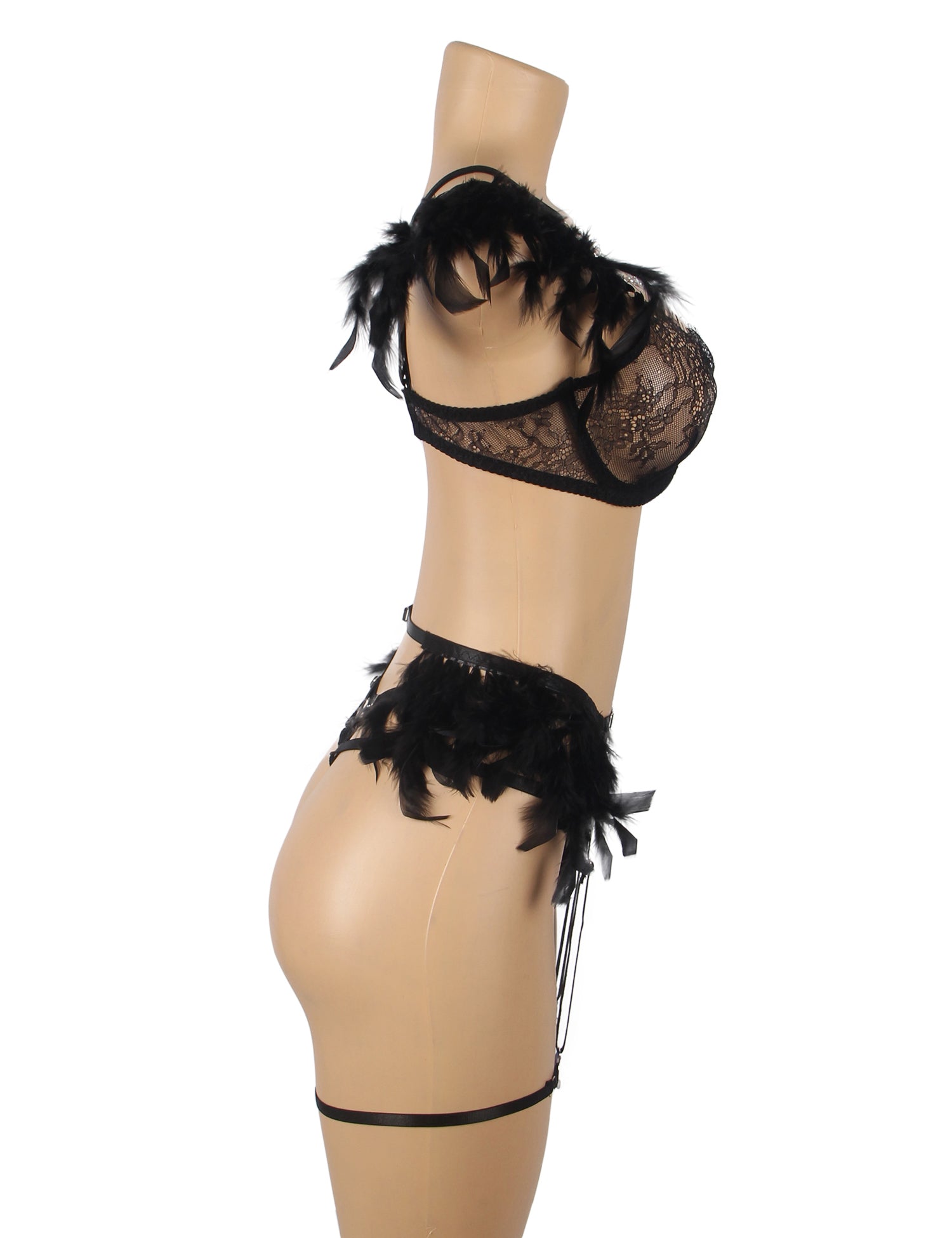 Feel My Needs Feather Lingerie Set - Black
