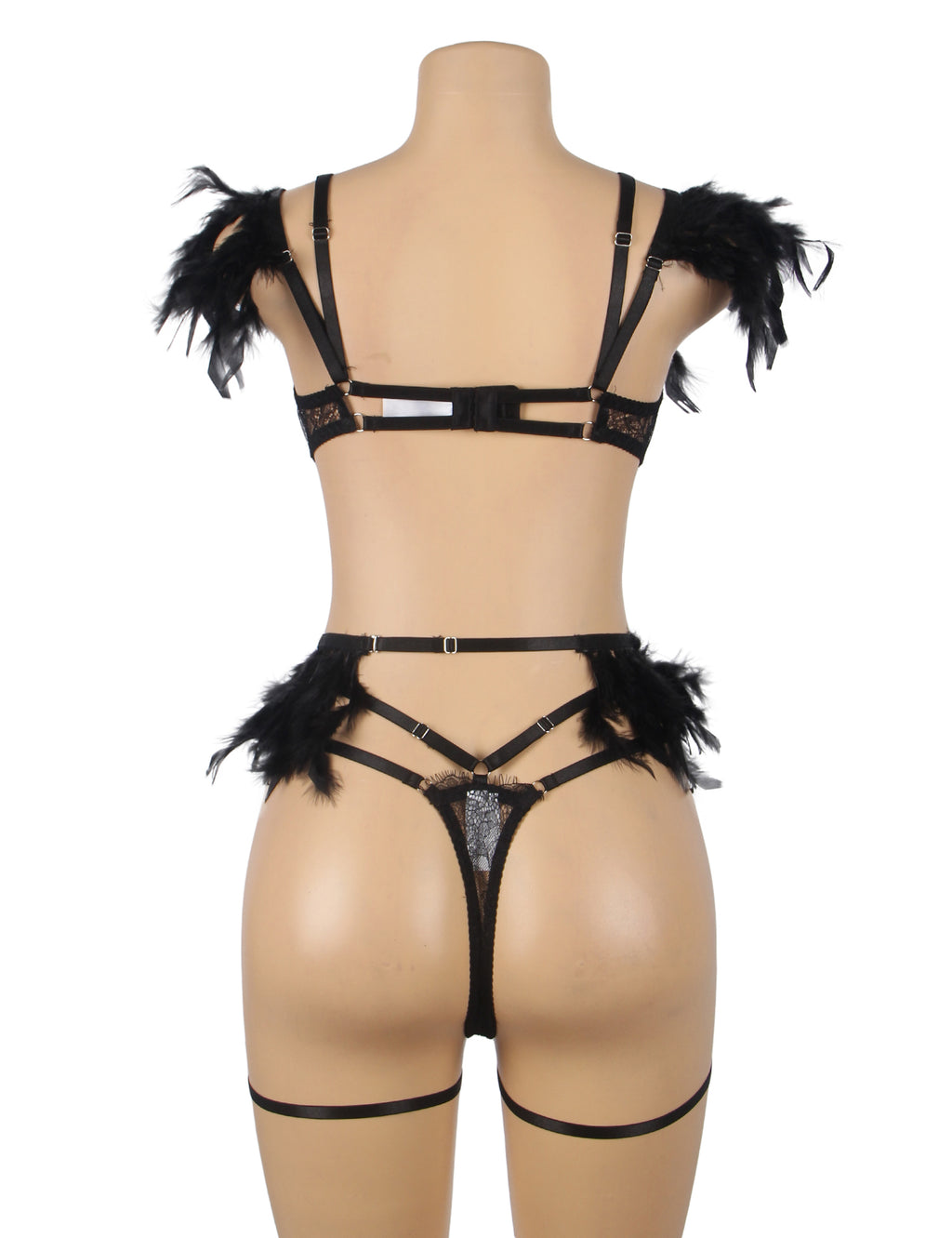 Feel My Needs Feather Lingerie Set - Black