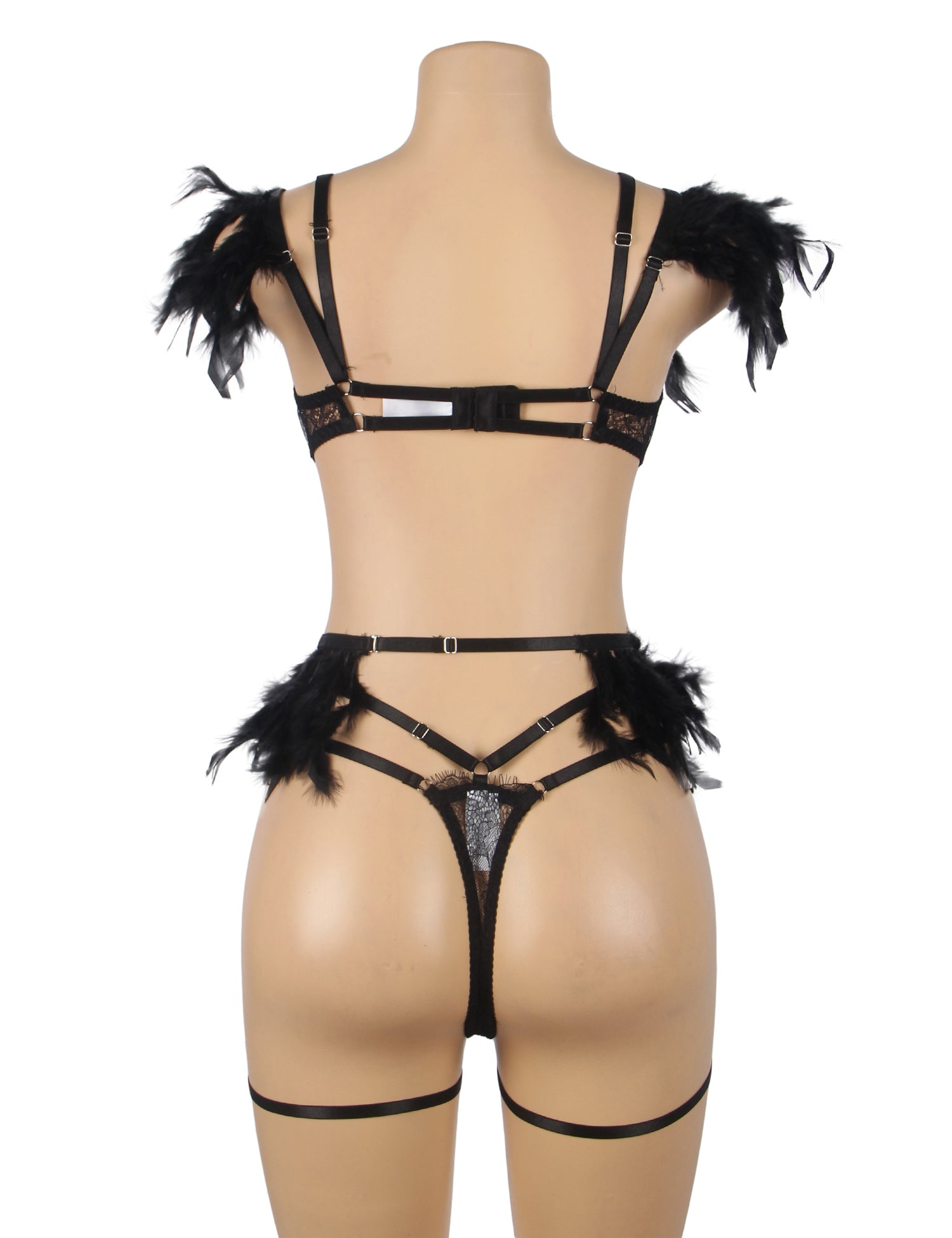 Feel My Needs Feather Lingerie Set - Black