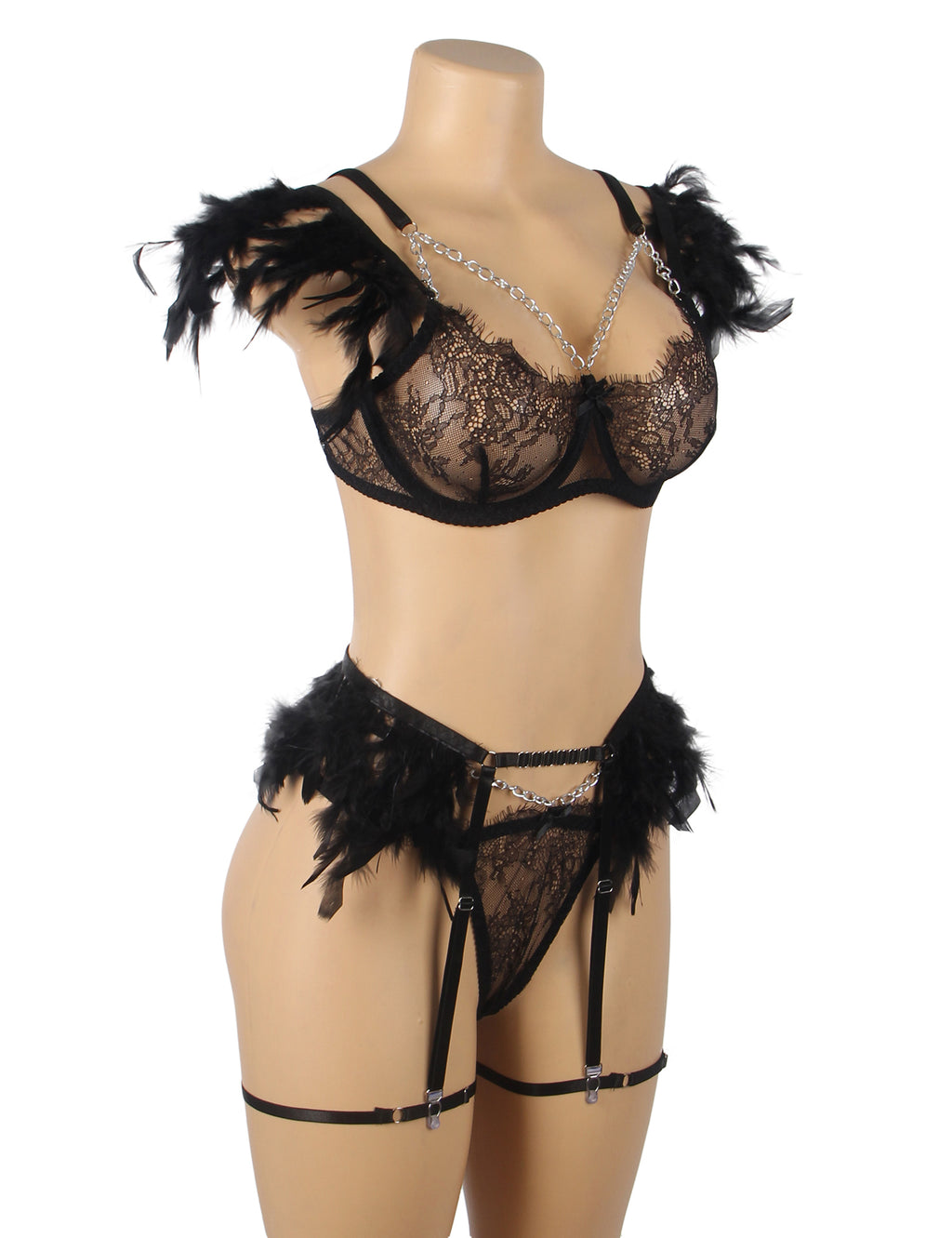 Feel My Needs Feather Lingerie Set - Black