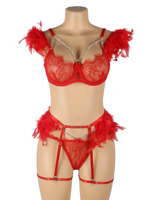 Feel My Needs Feather Lingerie Set - Red