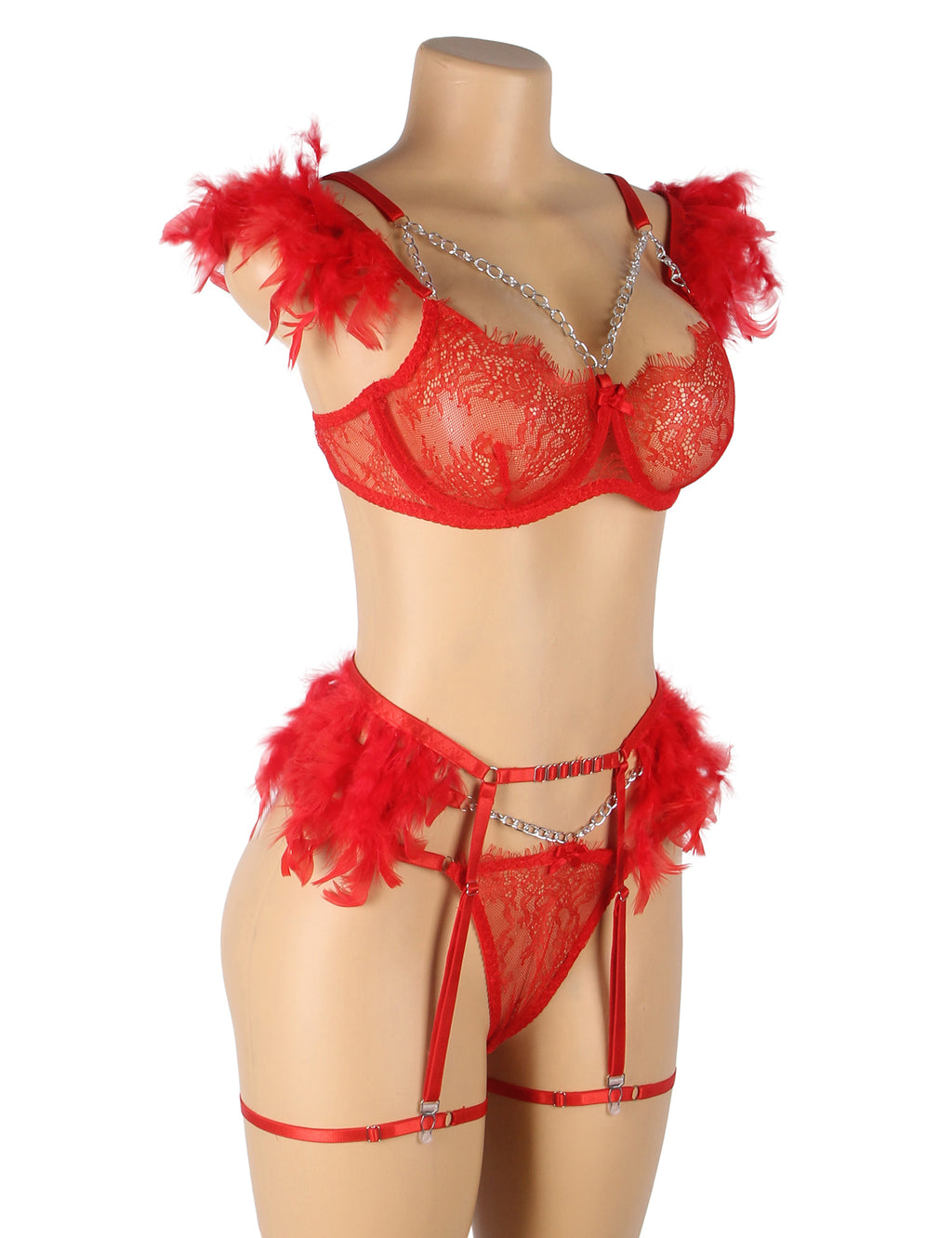 Feel My Needs Feather Lingerie Set - Red