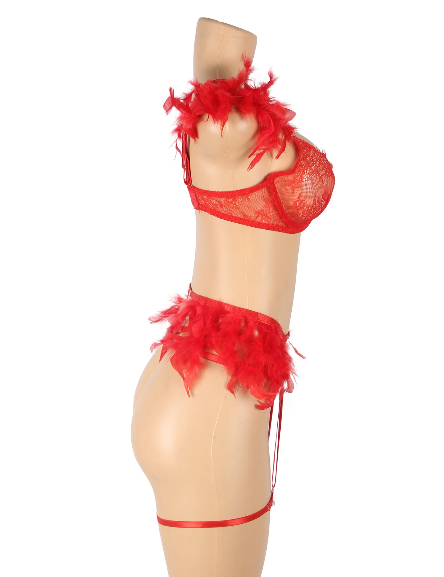 Feel My Needs Feather Lingerie Set - Red