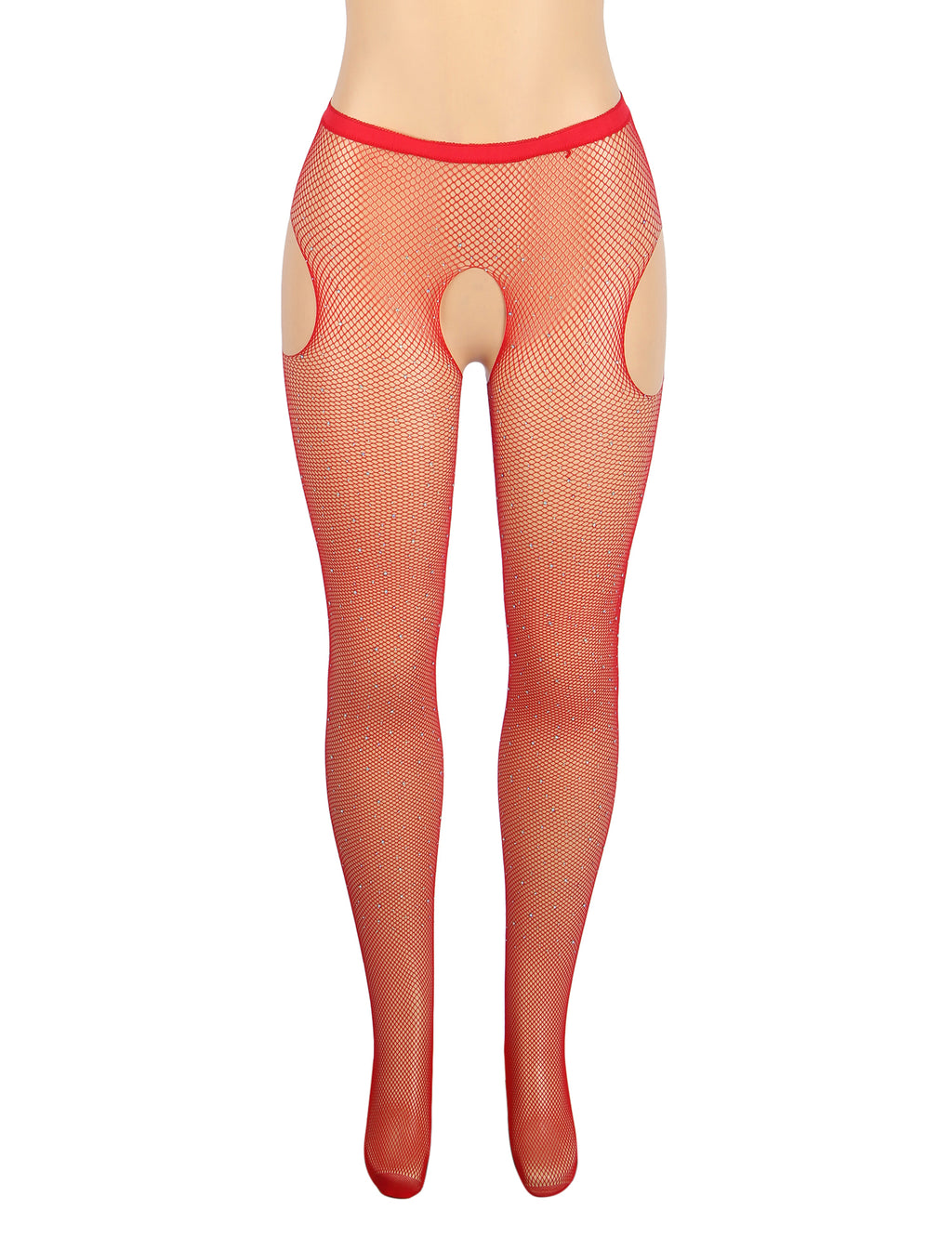 Red Rhinestone Crotchless Fishnet Stockings