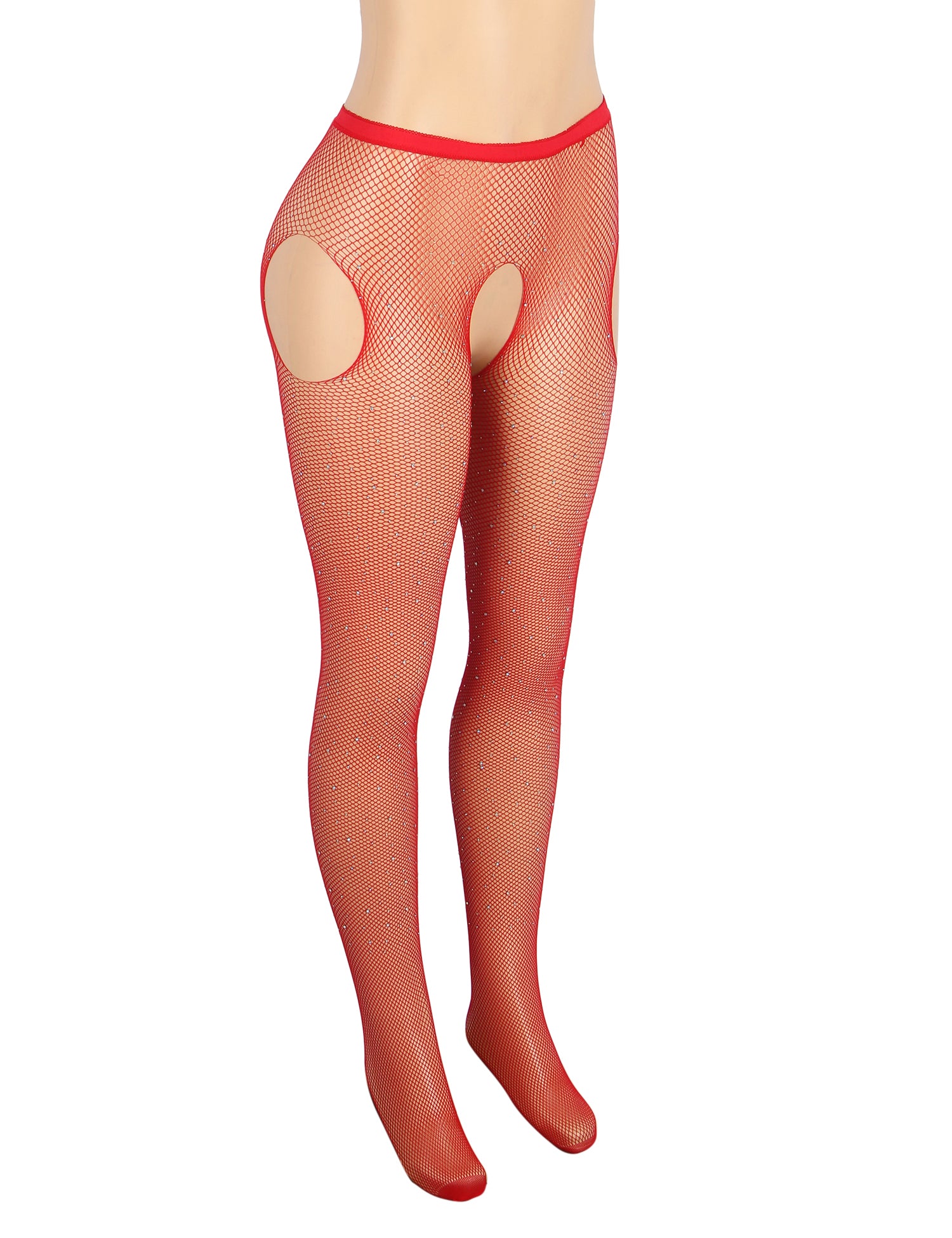 Red Rhinestone Crotchless Fishnet Stockings