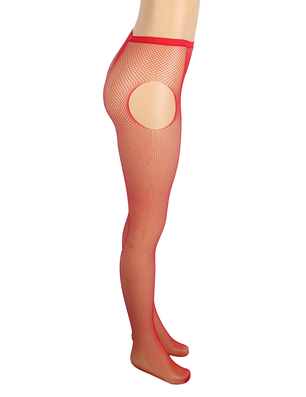 Red Rhinestone Crotchless Fishnet Stockings
