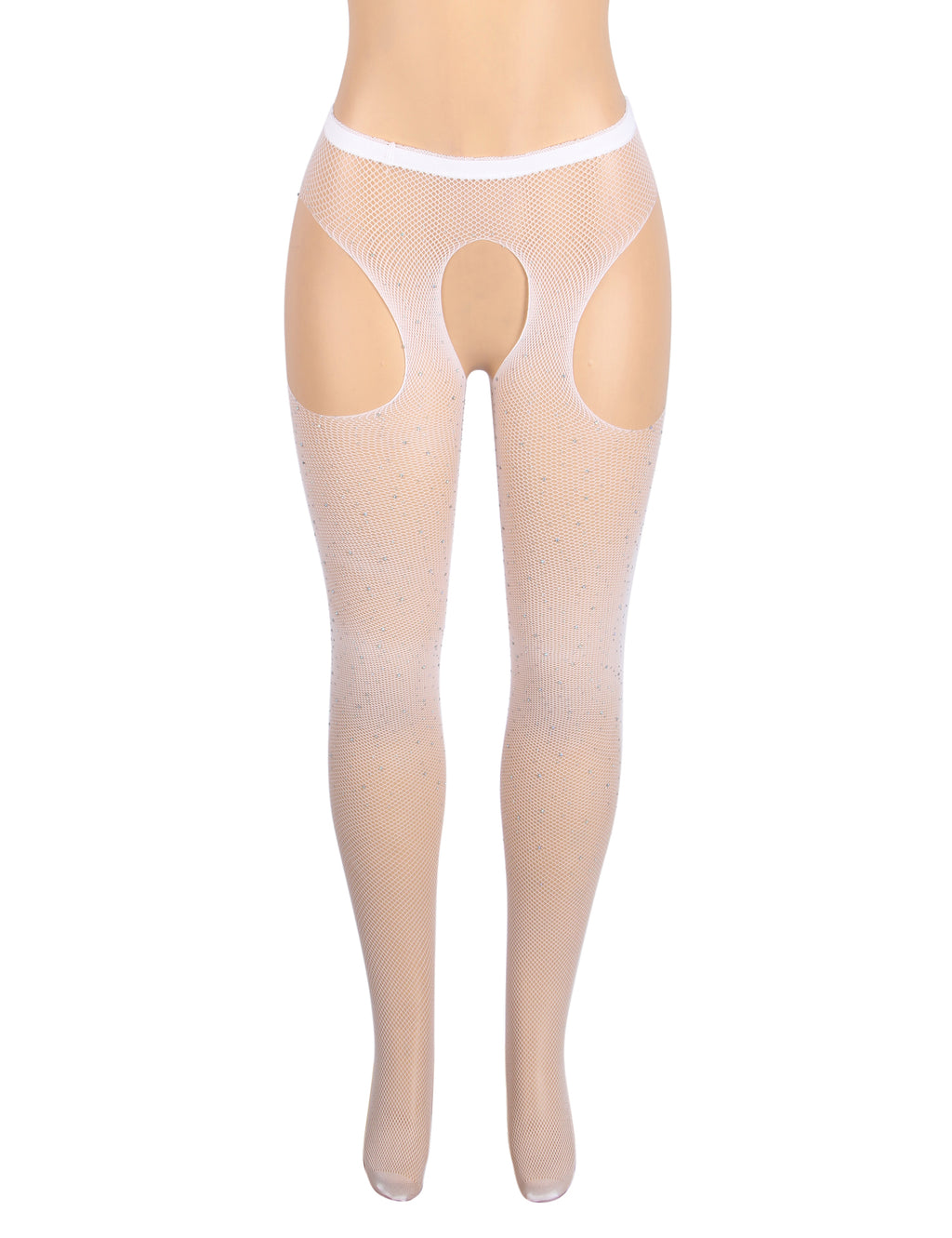 White Rhinestone Crotchless Fishnet Stockings