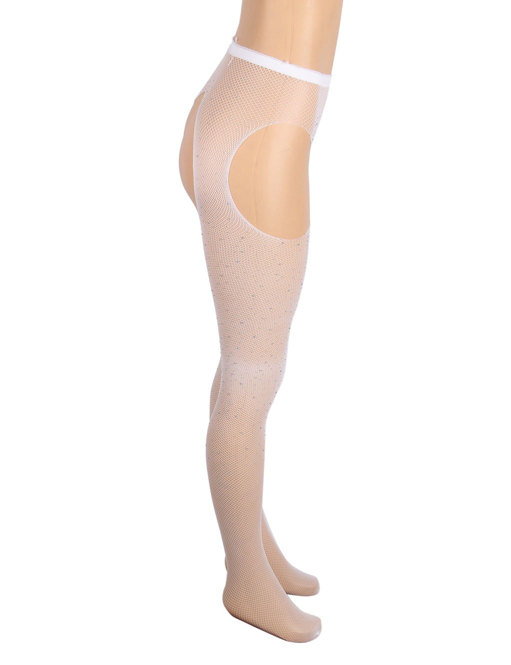 White Rhinestone Crotchless Fishnet Stockings