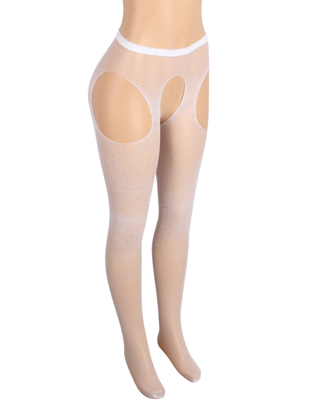 White Rhinestone Crotchless Fishnet Stockings