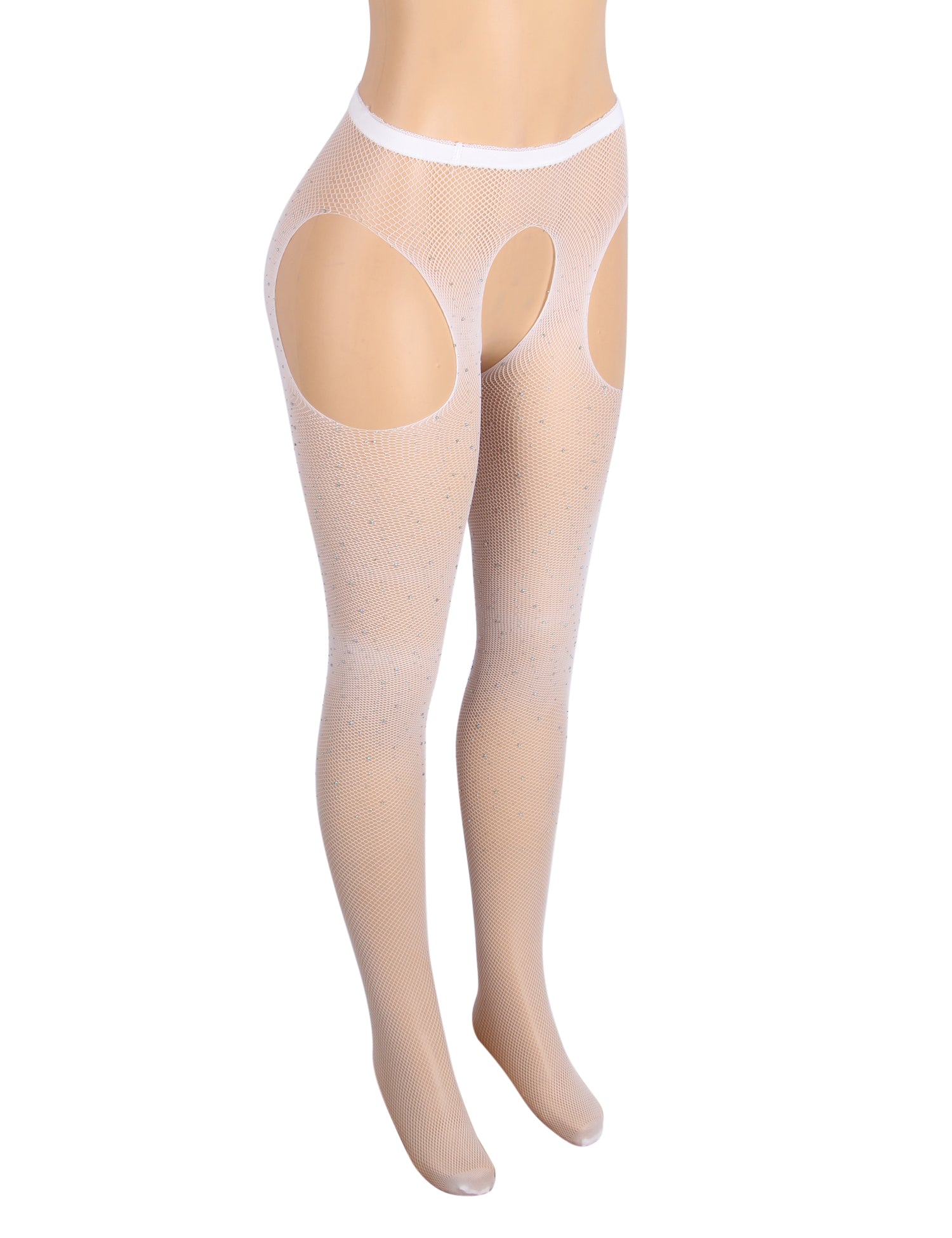 White Rhinestone Crotchless Fishnet Stockings