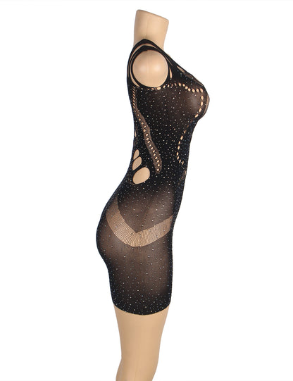 Hollow black rhinestone fishnet Bodystocking dress