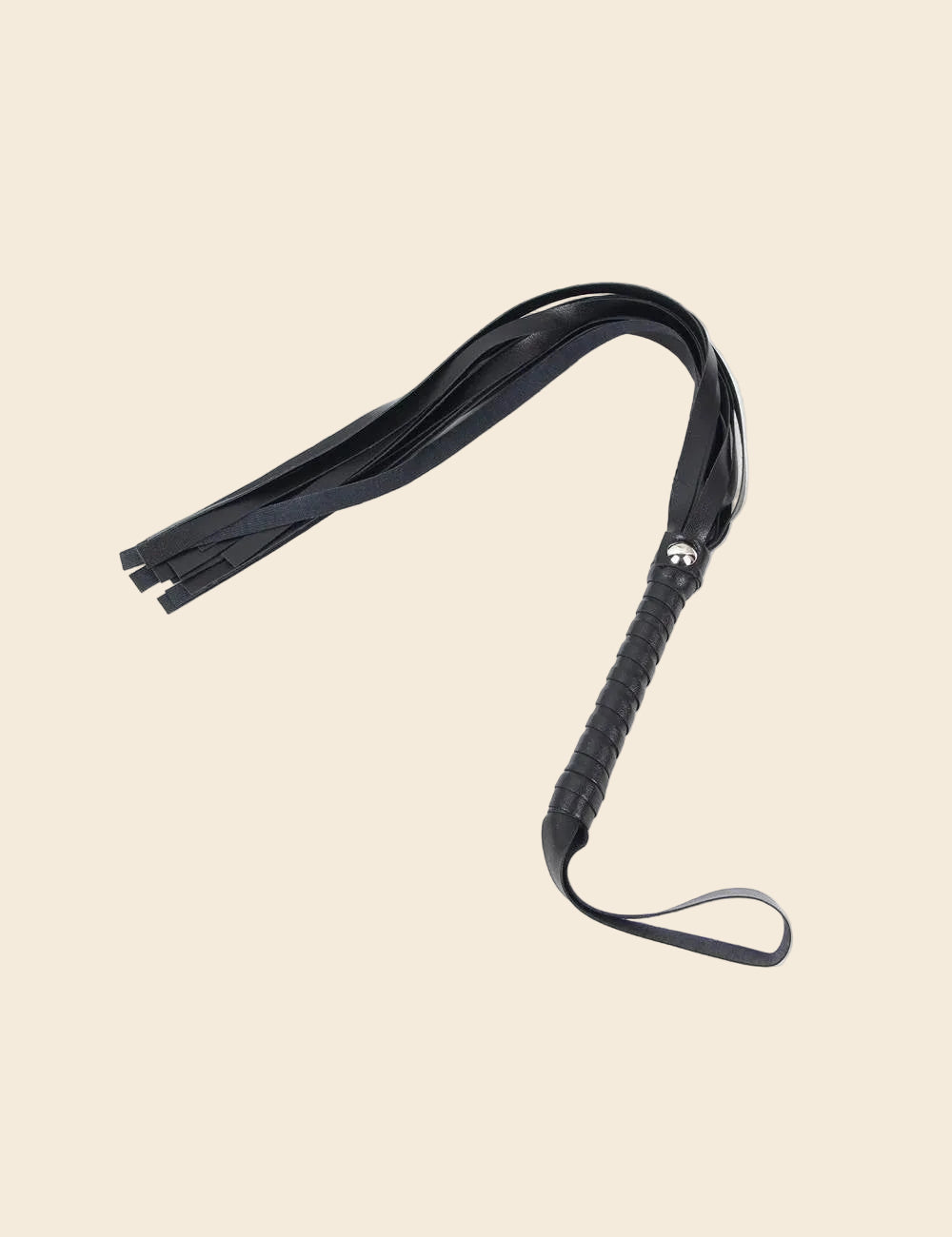 A black leather tease whip with a sleek design, featuring multiple tassels and a handle with a grip.