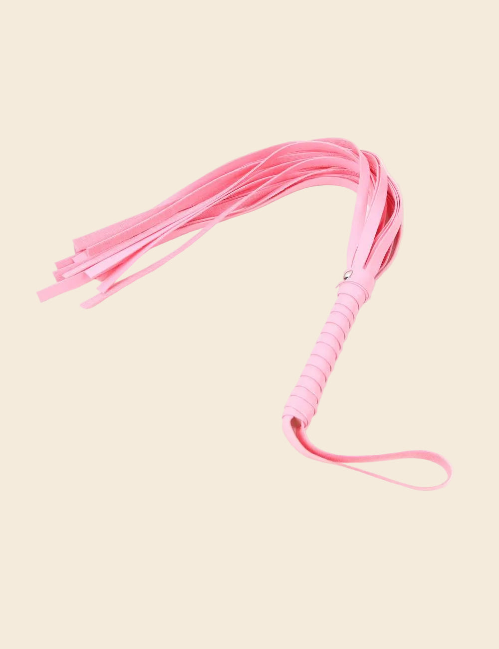 A pink whip with a handle, typically used in BDSM play.