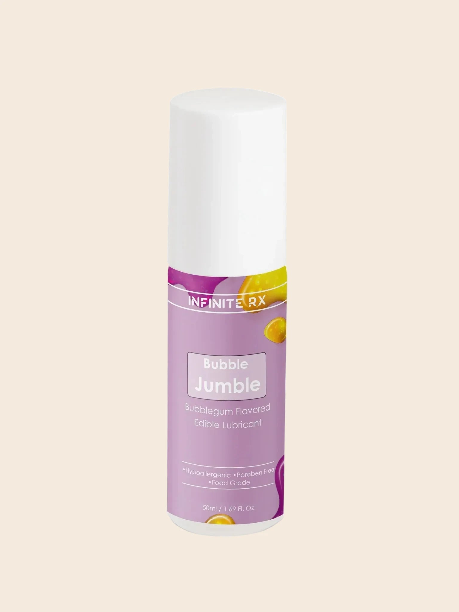 A bottle of bubblegum-flavored edible lubricant with purple and white branding.